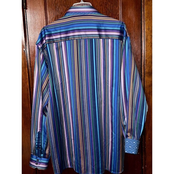 BRANDOLINI BLUE MULTI COLOR STRIPED COTTON SHIRT XXL FLIP CUFFS NICE SHEEN - Picture 3 of 4